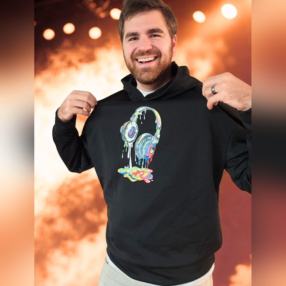 Black Graphic Hoodie for Men - Melting Headphones Colorful